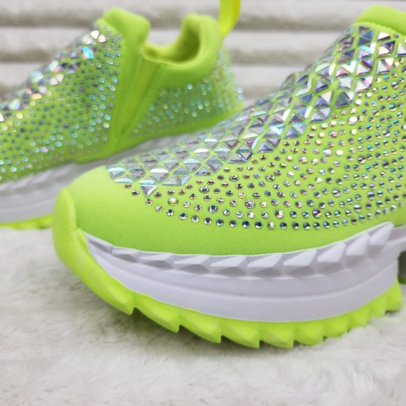 Presto Light Weight Slip on Neon Yellow Rhinestone Sneakers - Running Shoes J - Picture 10 of 14